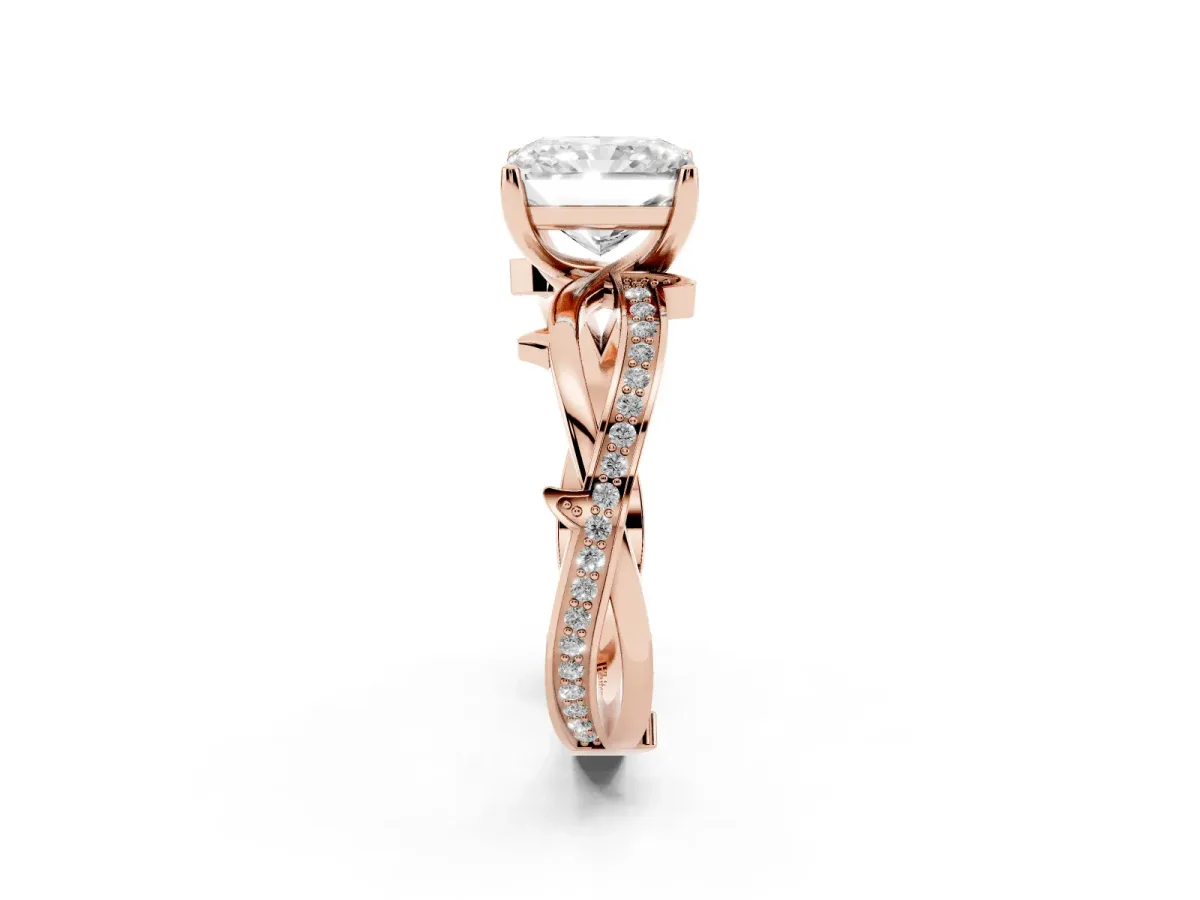 Radiant Cut Solitaire Twist Band with Pavé Accents and Four-Prong Setting Rose gold