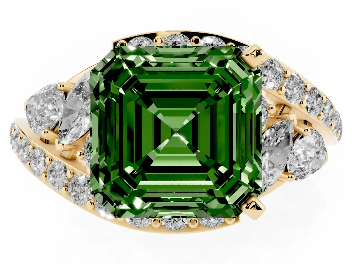 Fancy Green Asscher Cut Diamond Halo Ring with Marquise and Pavé Band in Prong Setting Yellow gold
