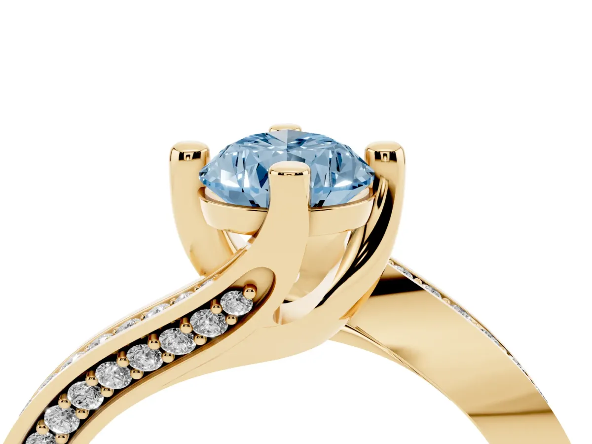 Fancy Blue Pear Cut Solitaire Diamond Twist Band with Pavé Setting and Four-Prong Setting Yellow gold