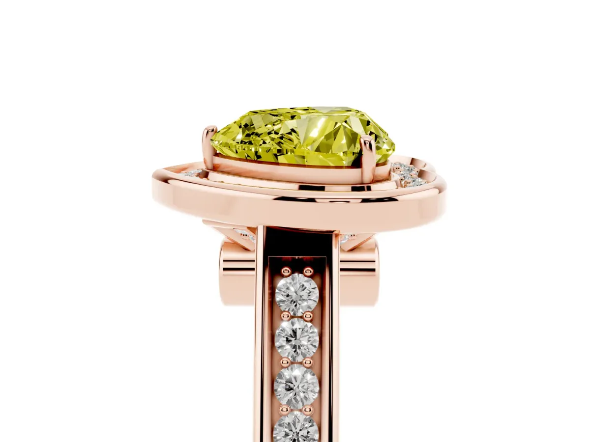 Fancy Yellow Heart Cut Halo Solitaire Diamond Ring with Pave Band and Bezel Setting Rose gold