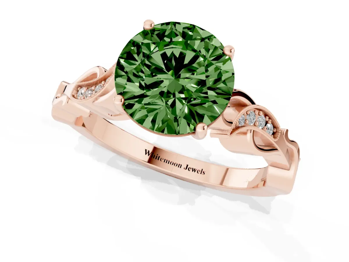 Fancy Green Round Cut Solitaire Vine Band with Milgrain Prong Setting Rose gold