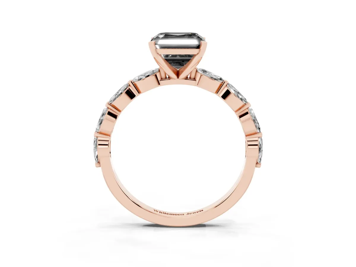 Fancy Black Asscher Cut Diamond Ring with Marquise Side Stones and Prong Setting Rose gold