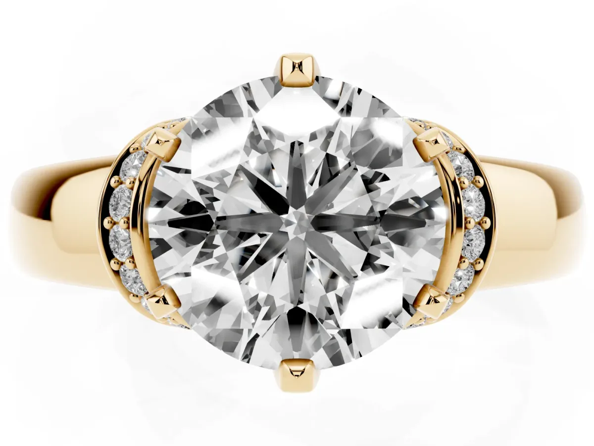 Round Cut Solitaire Diamond Ring with Pave Band and Six-Prong Setting Yellow gold