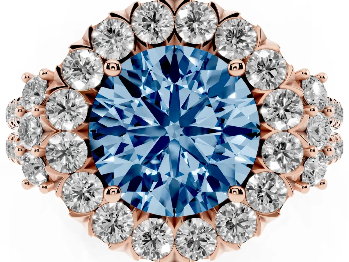Fancy Blue Round Cut Cut Double Halo Diamond Engagement Ring with Pave Band and Four-Prong Setting Rose gold