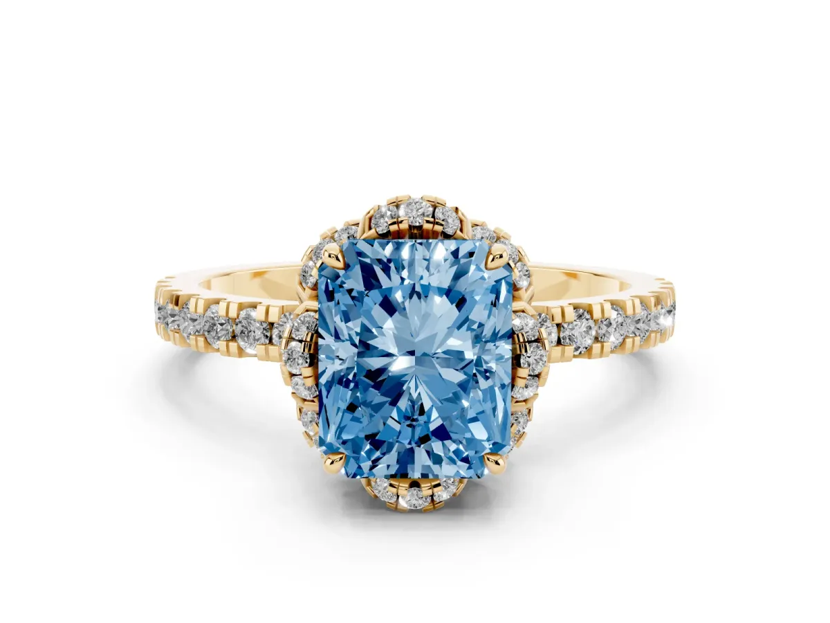 Fancy Blue Radiant Cut Diamond Halo Pave Band with Four-Prong Setting Yellow gold