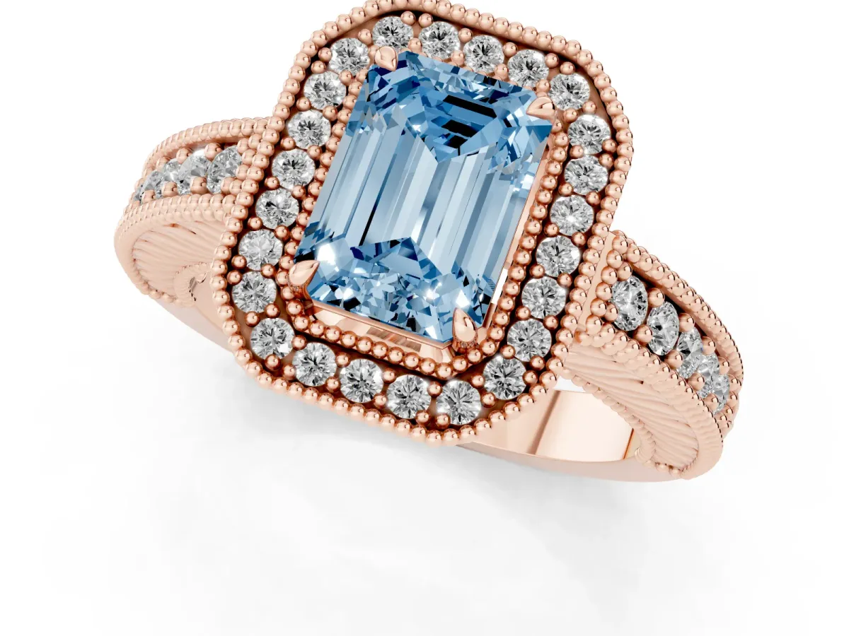 Fancy Blue Emerald Cut Cut Halo Diamond Ring with Pavé Band and Four-Prong Setting Rose gold