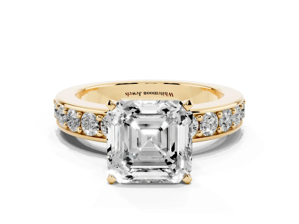 Asscher Cut Diamond Engagement Ring with Channel Set Round Band and Prong Setting Yellow gold