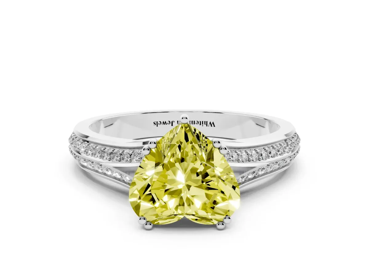 Fancy Yellow Heart Cut Diamond Split Shank Engagement Ring with Pavé Band Platinum