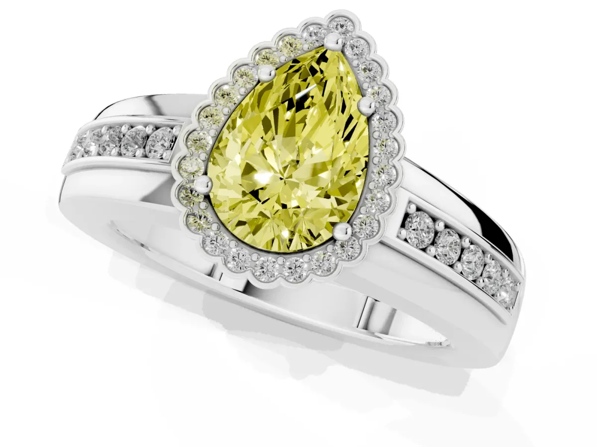 Fancy Yellow Pear Cut Cut Halo Pave Band Four-Prong Ring Platinum