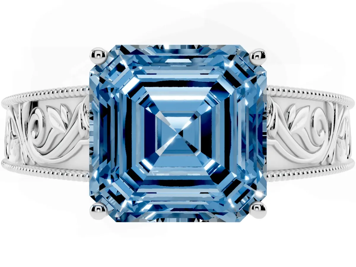 Fancy Blue Asscher Cut Diamond Solitaire Ring with Engraved Band and Four-Prong Setting White gold