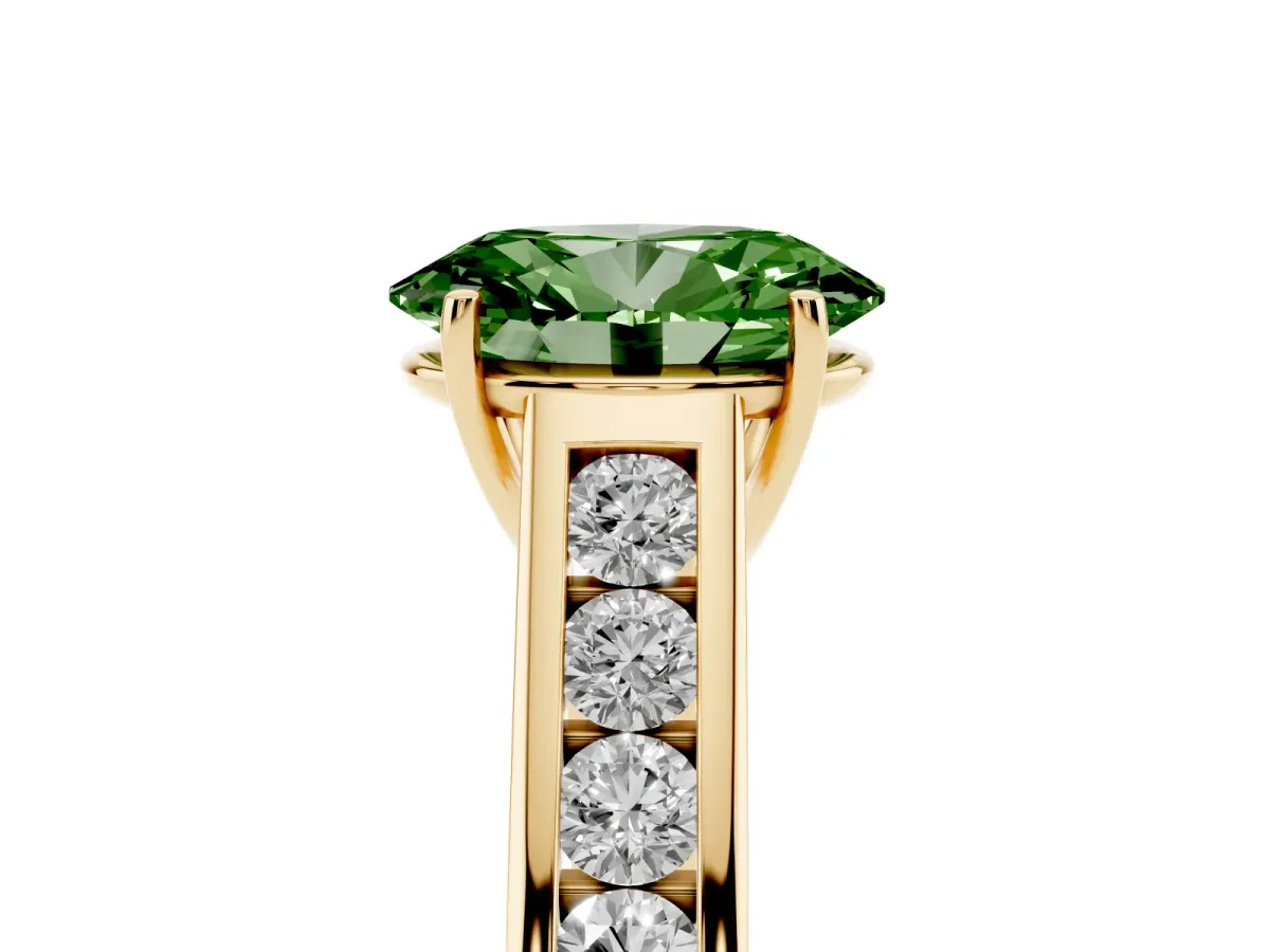 Fancy Green Oval Cut Solitaire Channel-Set Diamond Engagement Ring with Four-Prong Setting Yellow gold