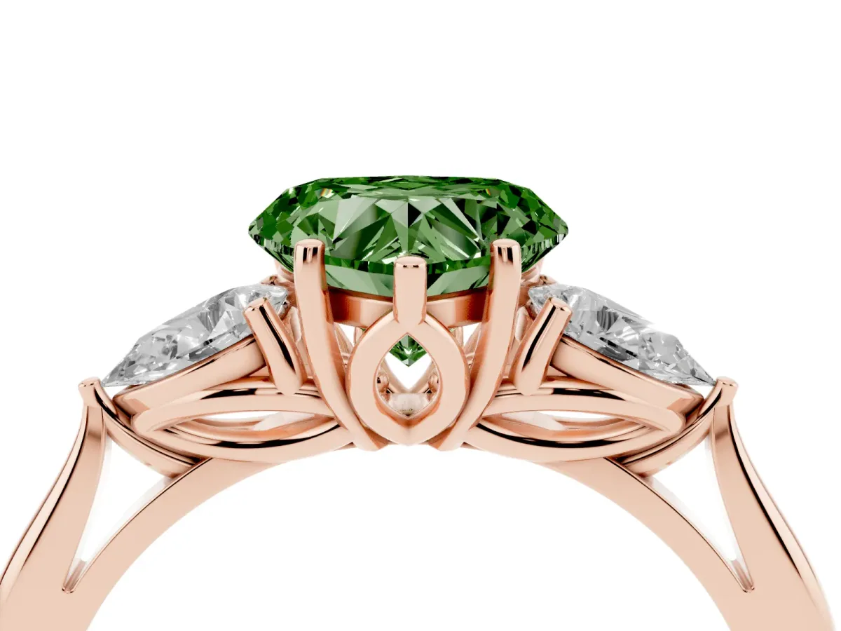 Fancy Green Heart Cut Diamond Three-Stone Ring with Pear Side Stones and Prong Setting Rose gold