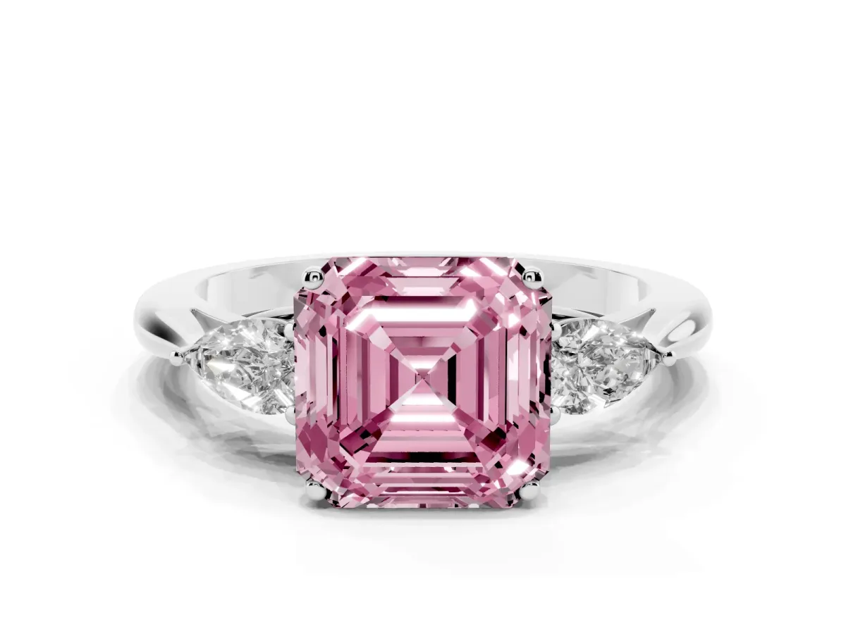 Fancy Pink Three-Stone Asscher Cut Diamond Ring with Pear Side Stones in Four-Prong Setting Silver