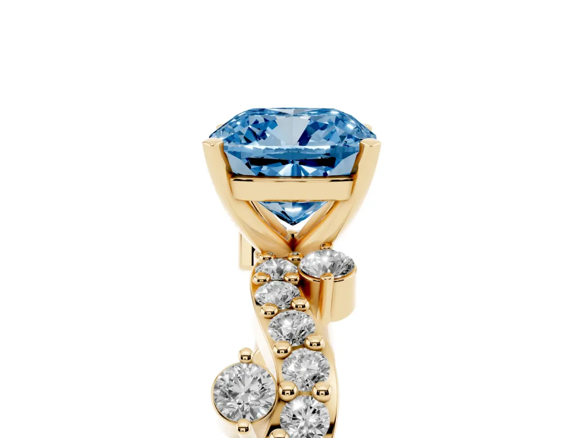 Fancy Blue Cushion Cut Cut Solitaire Diamond Twisted Band with Pave Setting Yellow gold