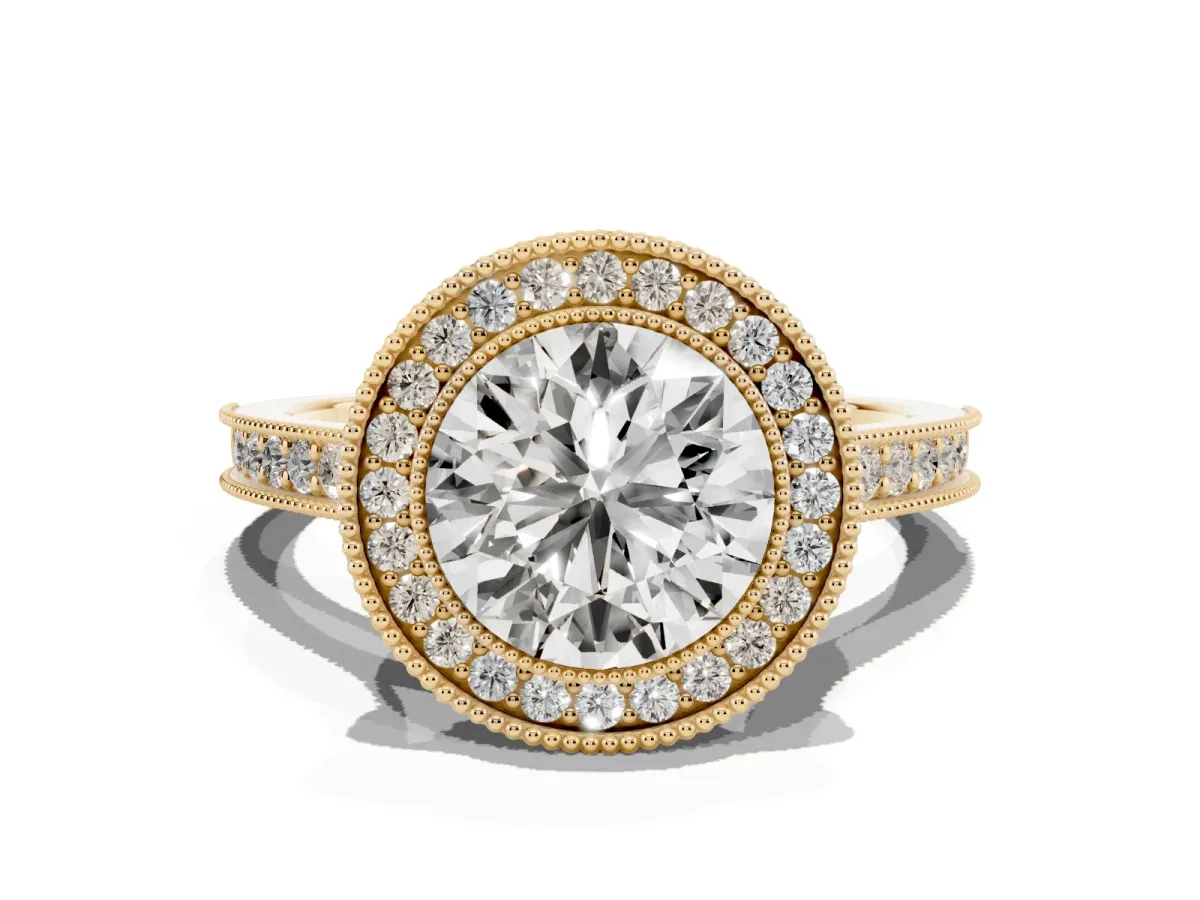 Halo Round Cut-Cut Diamond Pave Band Milgrain Prong Setting Ring Yellow gold