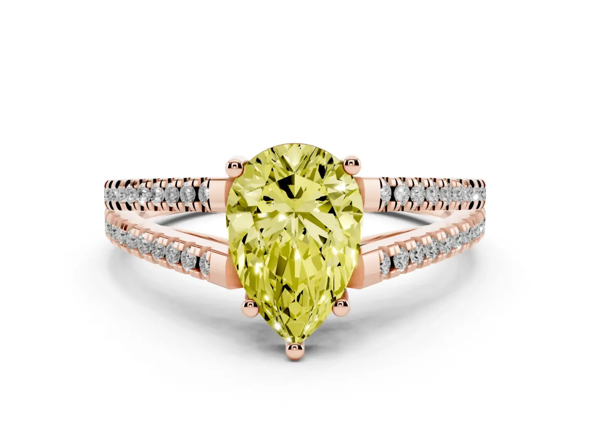 Fancy Yellow Pear Cut Diamond Solitaire Engagement Ring with Split Shank Pavé Band Rose gold