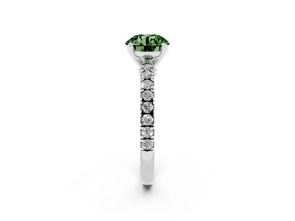 Fancy Green Round Cut Solitaire Diamond with Pavé Band and Four-Prong Setting White gold