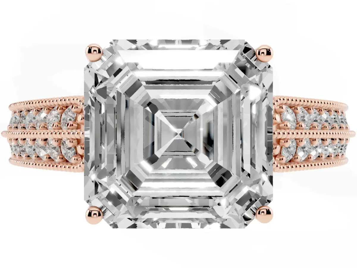 Asscher Cut Cut Pave Split Shank Engagement Ring with Four-Prong Setting Rose gold