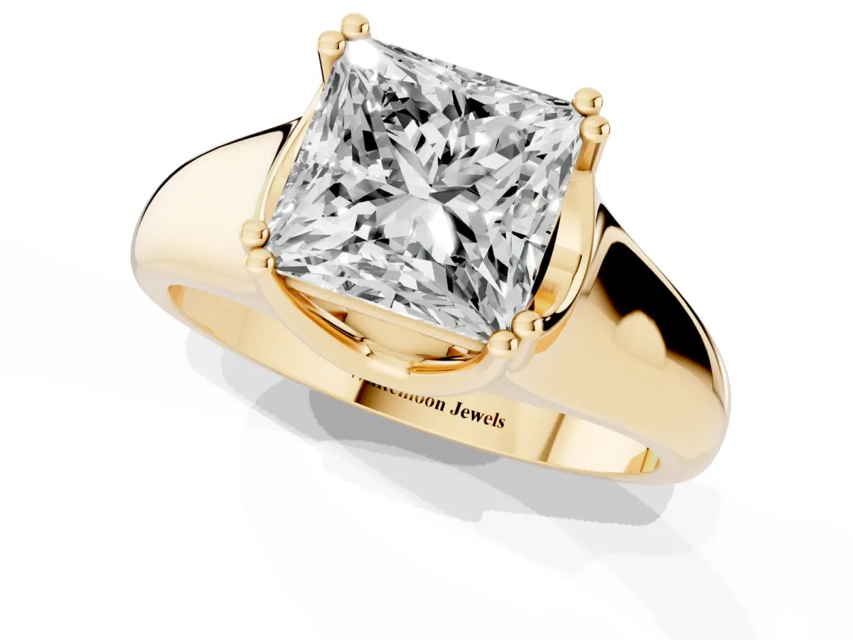 Princess Cut Diamond Solitaire Ring with Wide Band and Prong Setting Yellow gold