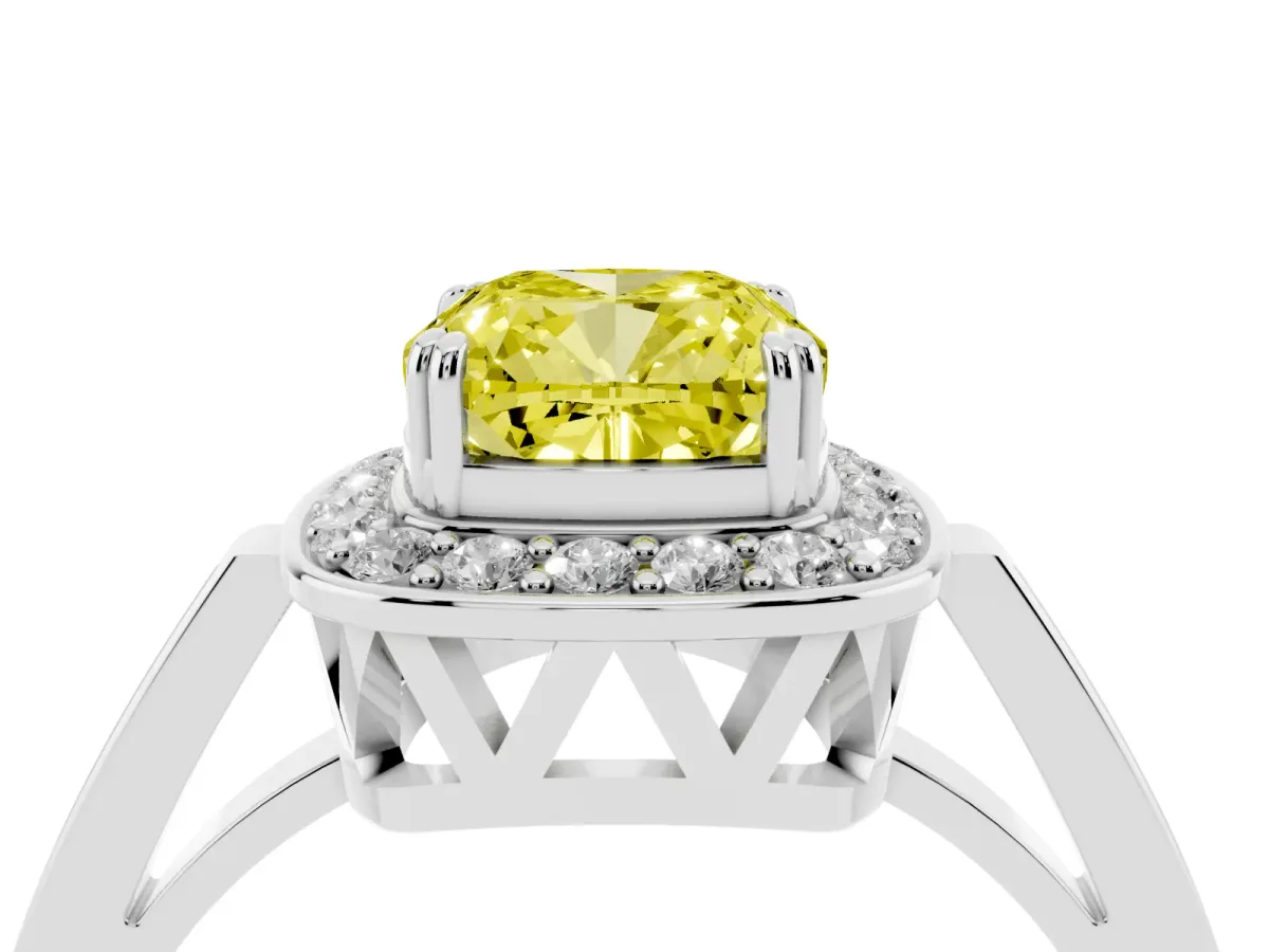 Fancy Yellow Cushion Cut Diamond Halo Ring with Split Shank and Four-Prong Setting Platinum