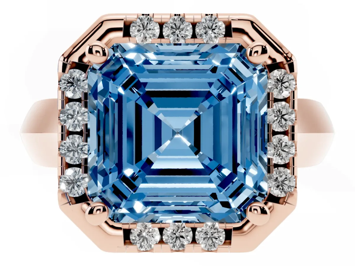 Fancy Blue Asscher Cut Cut Halo Solitaire Engagement Ring with Square Band and Four-Prong Setting Rose gold