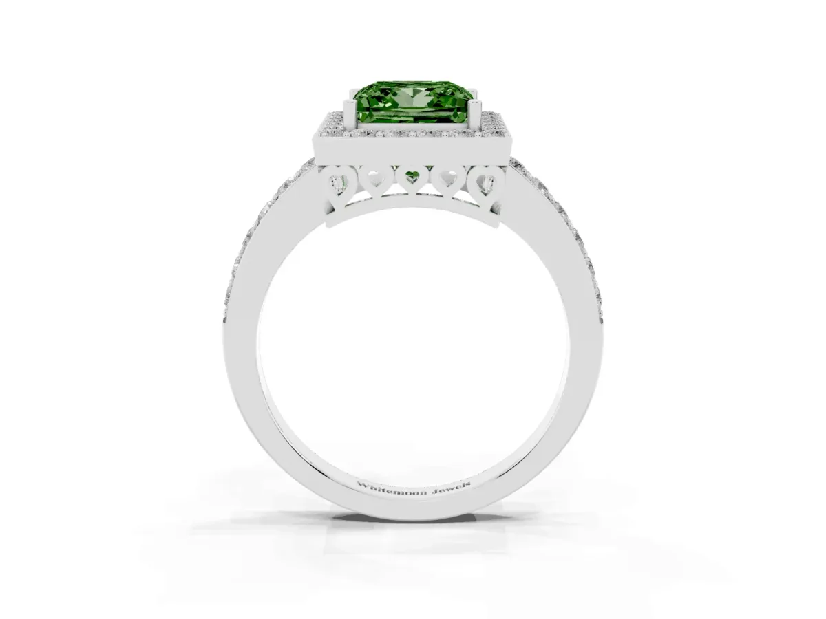 Fancy Green Princess Cut Halo Diamond Pavé Band Ring with Prong Setting Silver