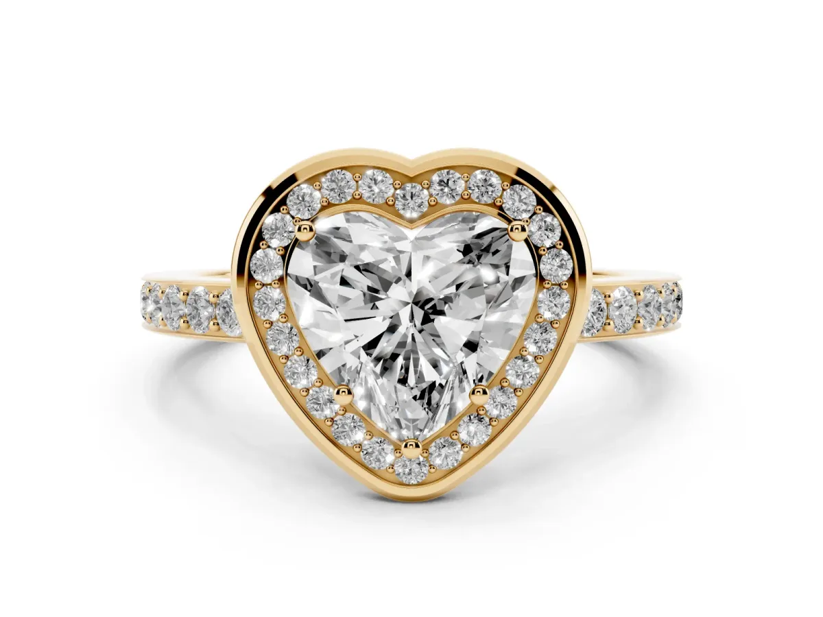 Heart Cut Diamond Halo Ring with Bezel Frame and Pavé Band Yellow gold