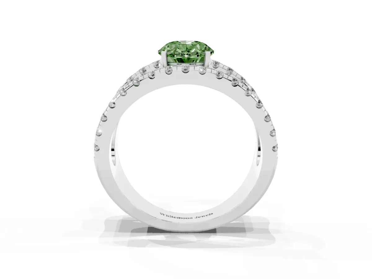 Fancy Green Oval Cut Solitaire Split Shank Pave Diamond Ring Silver