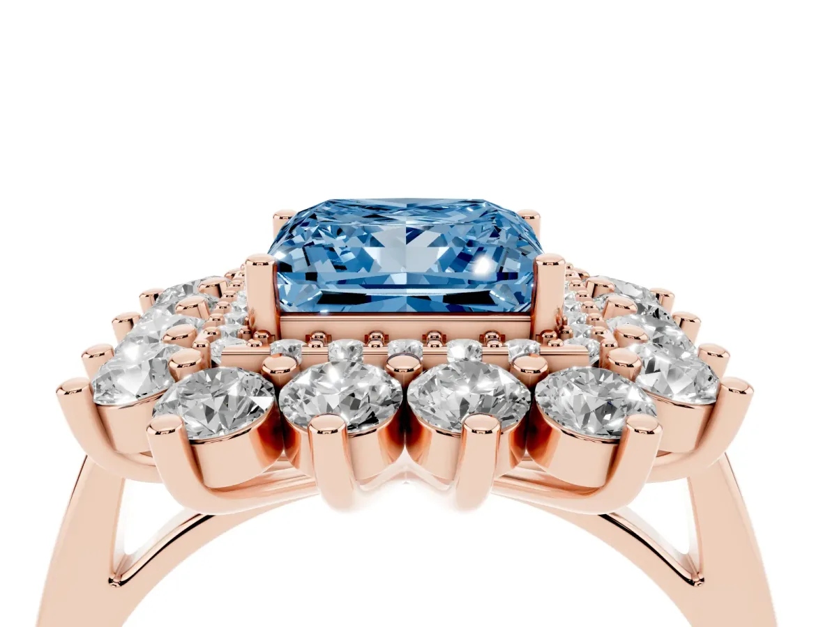 Fancy Blue Princess Cut Diamond Floral Double Halo Engagement Ring with Prong Setting Rose gold