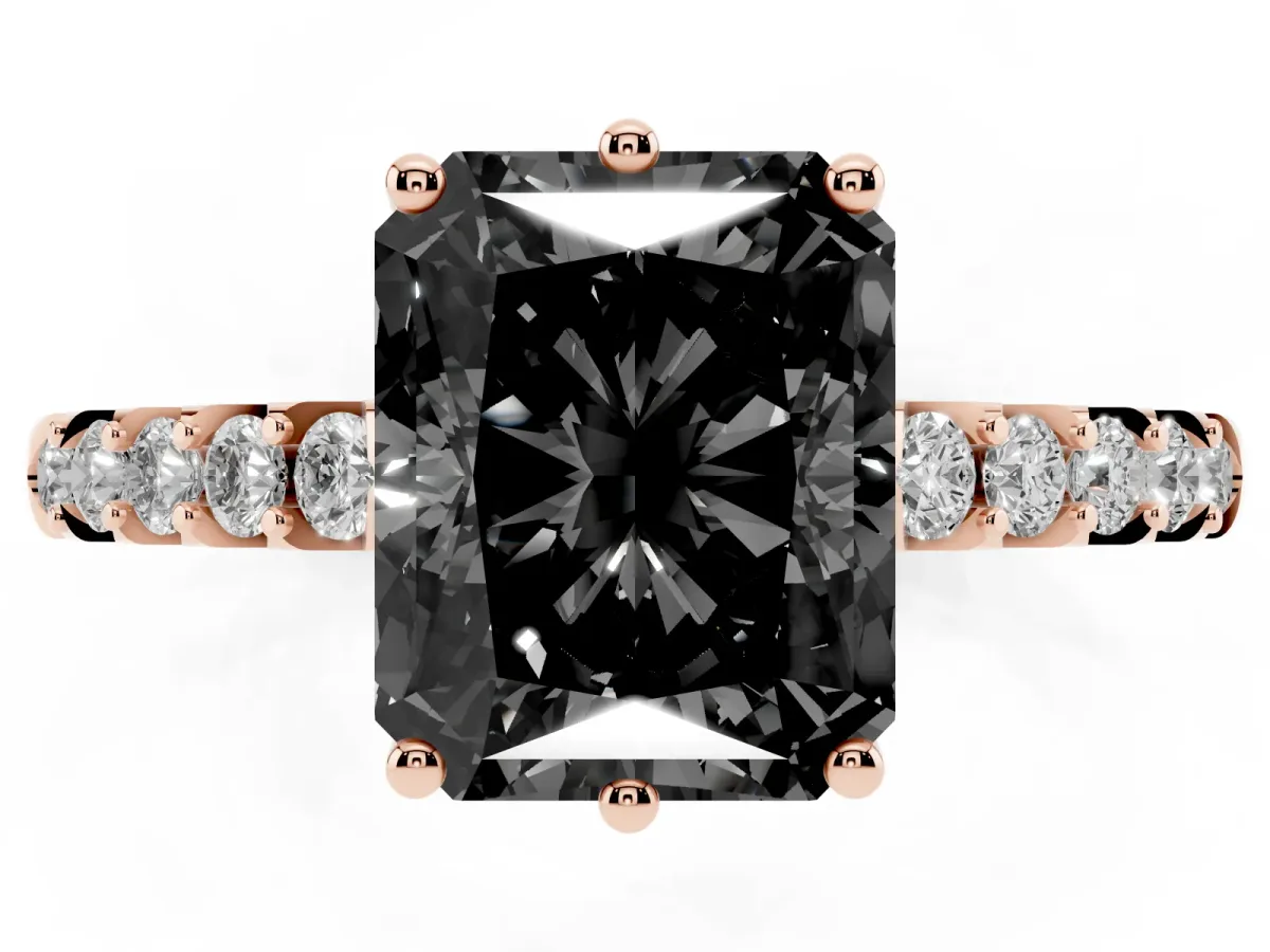 Fancy Black Radiant Cut Solitaire Diamond Engagement Ring with Pavé Band and Six-Prong Setting Rose gold