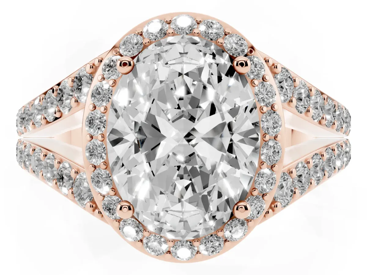 Oval Cut Diamond Split Shank Halo Ring with Four-Prong Setting Rose gold
