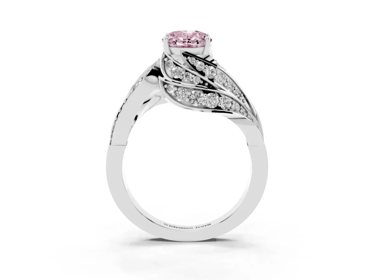 Fancy Pink Oval Cut Diamond Solitaire Ring with Prong Setting and Twisted Pavé Band Silver