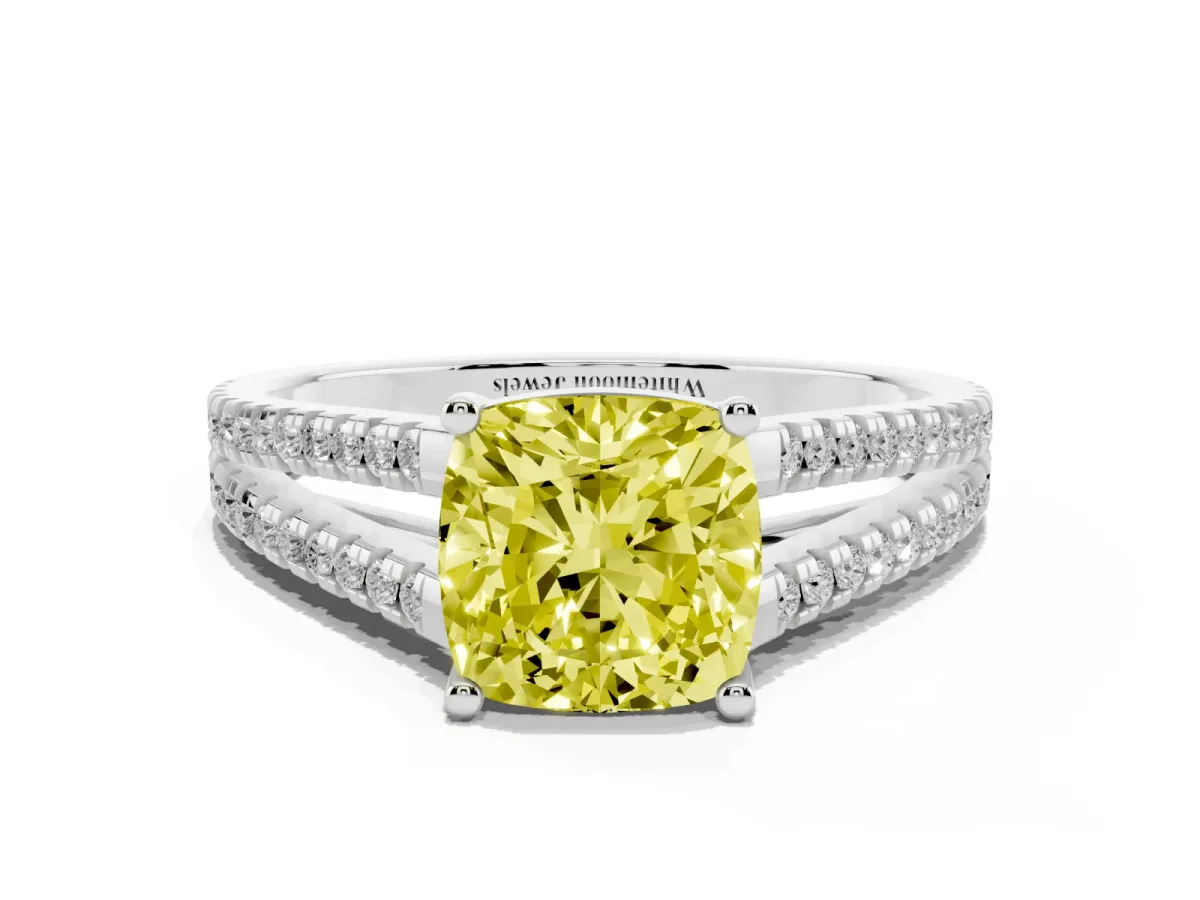 Fancy Yellow Cushion Cut Diamond Solitaire Engagement Ring with Split Shank Pavé Band Silver