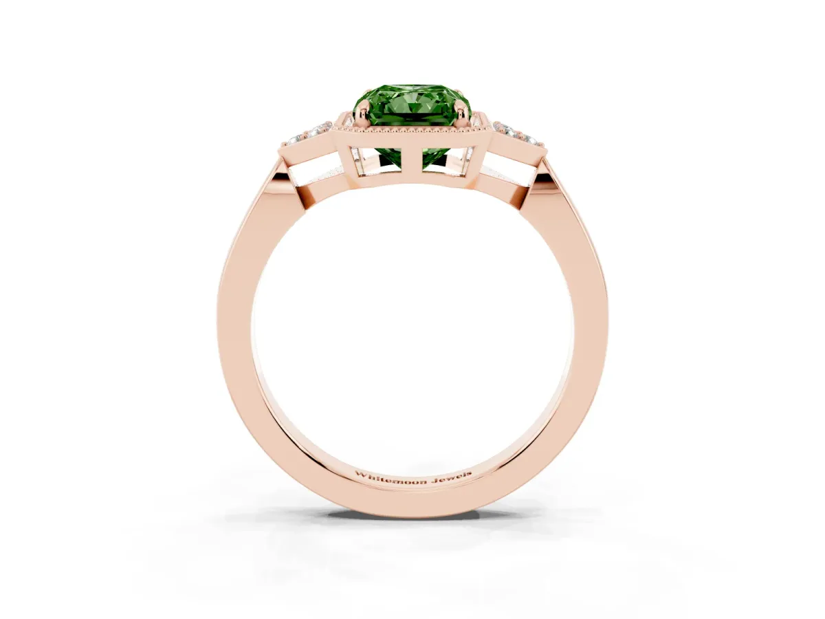 Fancy Green Radiant Cut Diamond Halo Ring with Tapered Band and Four-Prong Setting Rose gold