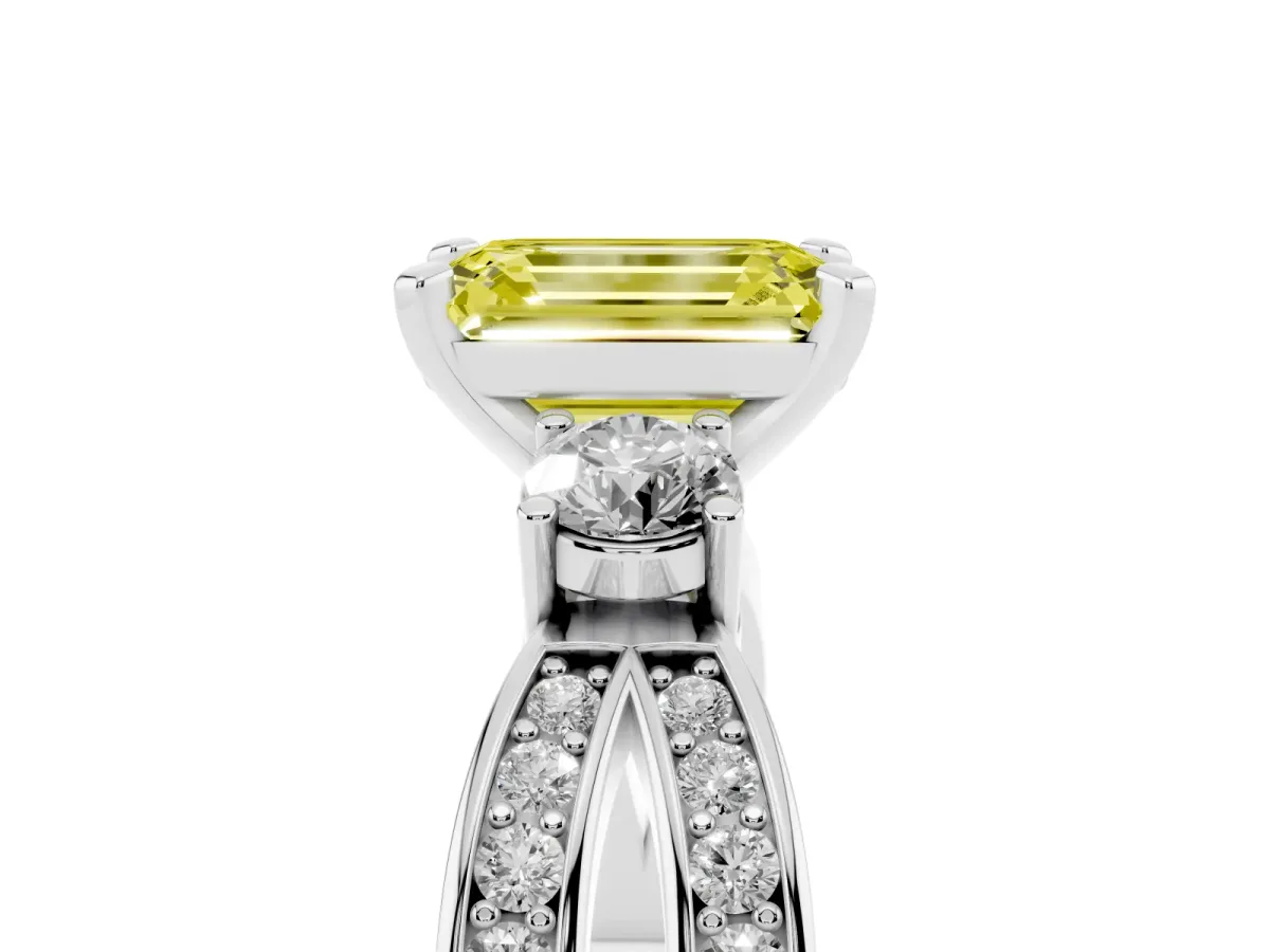 Fancy Yellow Three-Stone Emerald Cut Cut Diamond Twist Band with Prong Setting Platinum