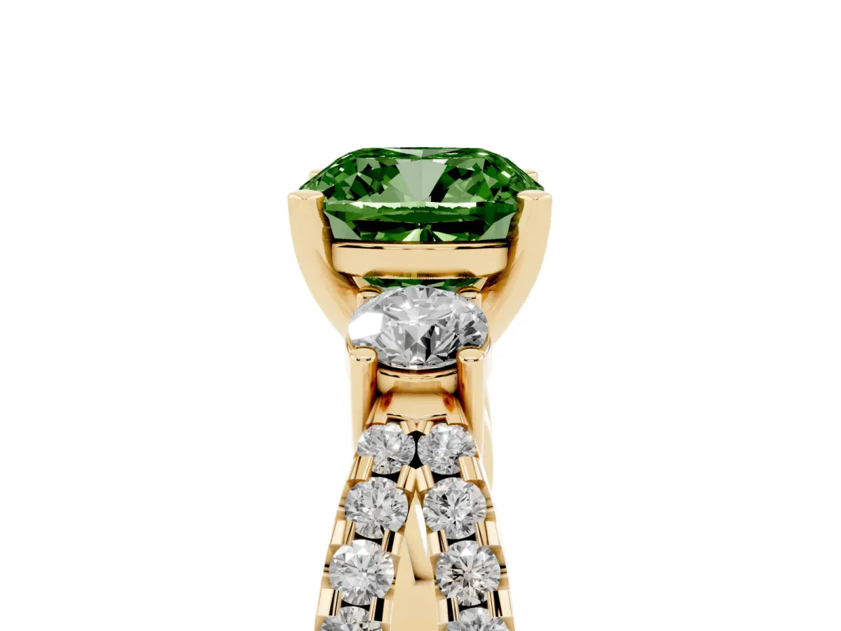 Fancy Green Cushion Cut Diamond Three-Stone Ring with Pavé Split Shank and Four-Prong Setting Yellow gold