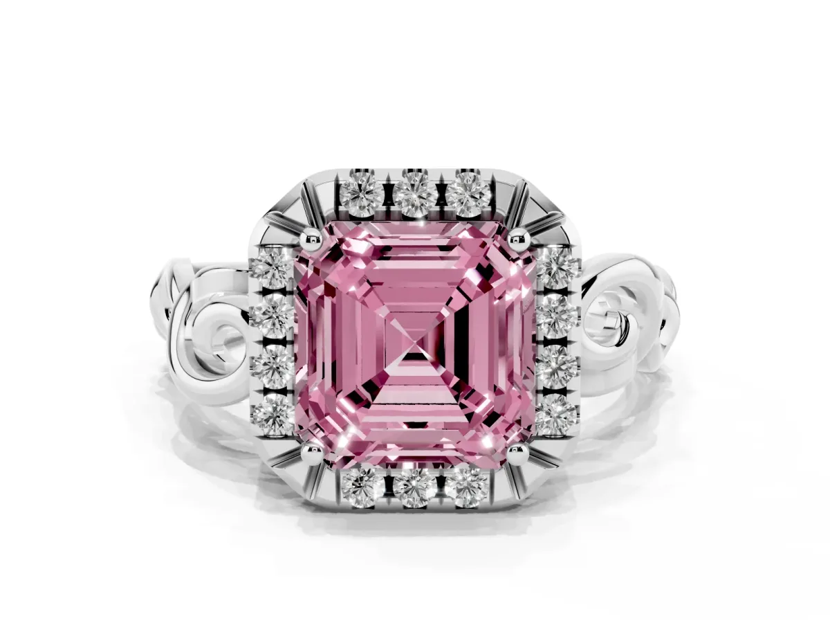 Fancy Pink Asscher Cut Cut Halo Diamond Ring with Scrollwork Band and Four-Prong Setting Silver