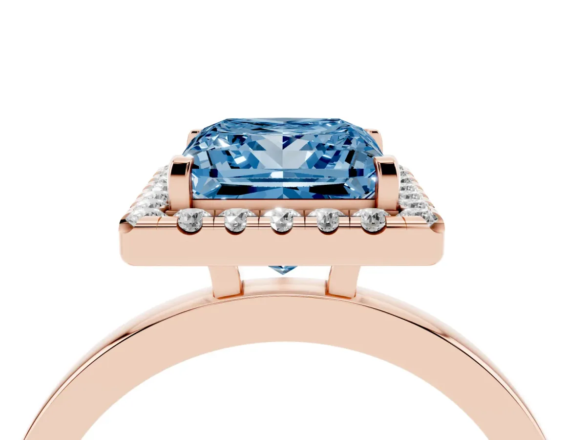 Fancy Blue Princess Cut Halo Diamond Solitaire with Pavé Band and Four-Prong Setting Rose gold