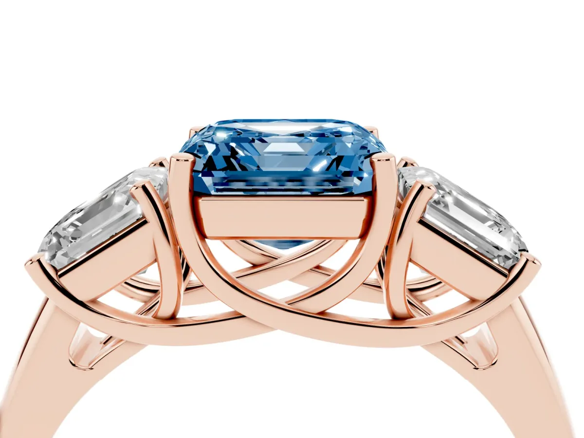 Fancy Blue Three-Stone Asscher Cut Diamond Engagement Ring with Prong Setting Rose gold