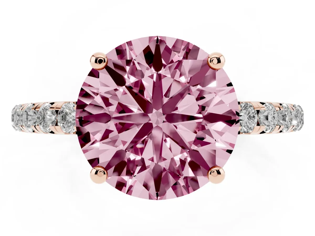 Fancy Pink Round Cut Cut Diamond Solitaire Ring with Micro Pave Band and Four Prong Setting Rose gold