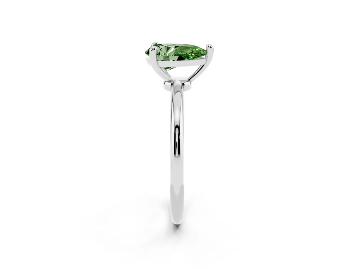 Fancy Green Pear Cut Solitaire Diamond Ring with 4-Prong Setting on a Classic Band Silver