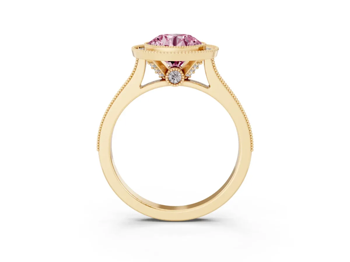 Fancy Pink Halo Round Cut-Cut Diamond Pave Band Milgrain Prong Setting Ring Yellow gold