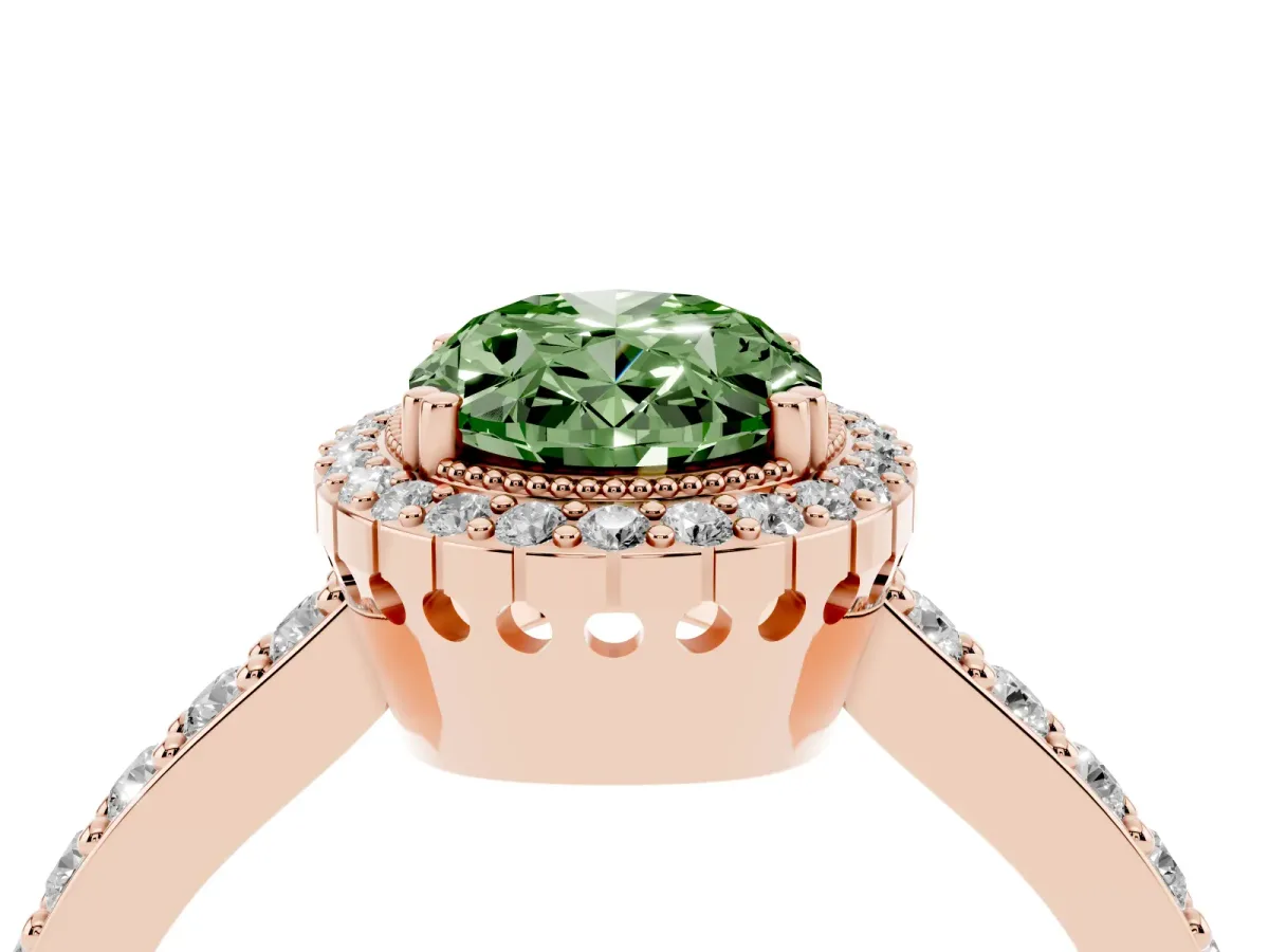 Fancy Green Oval Cut Cut Diamond Halo Engagement Ring with Milgrain Detail and Pavé Band Rose gold