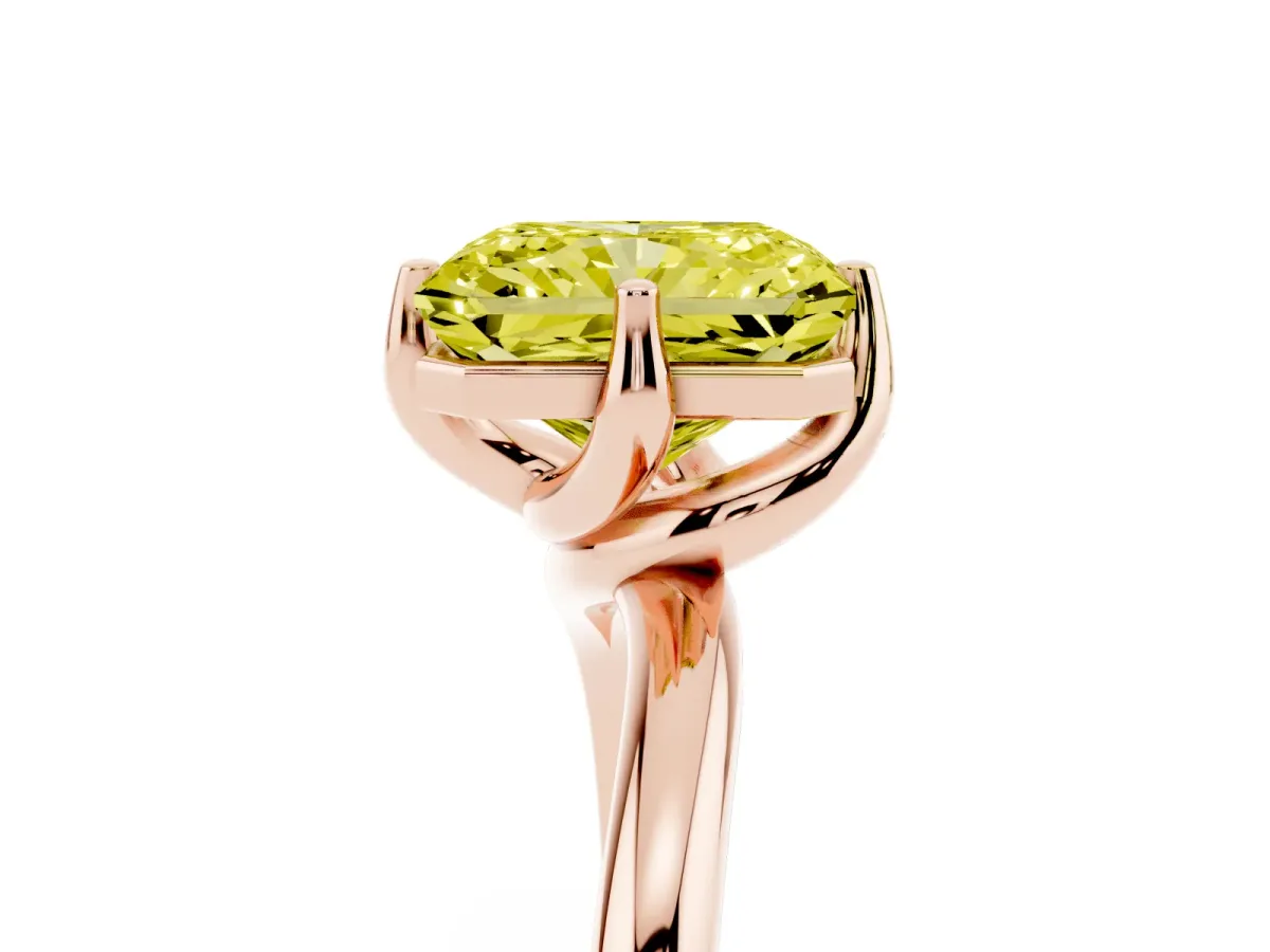 Fancy Yellow Radiant Cut Diamond Solitaire Engagement Ring with Four-Prong Setting and Classic Band Rose gold