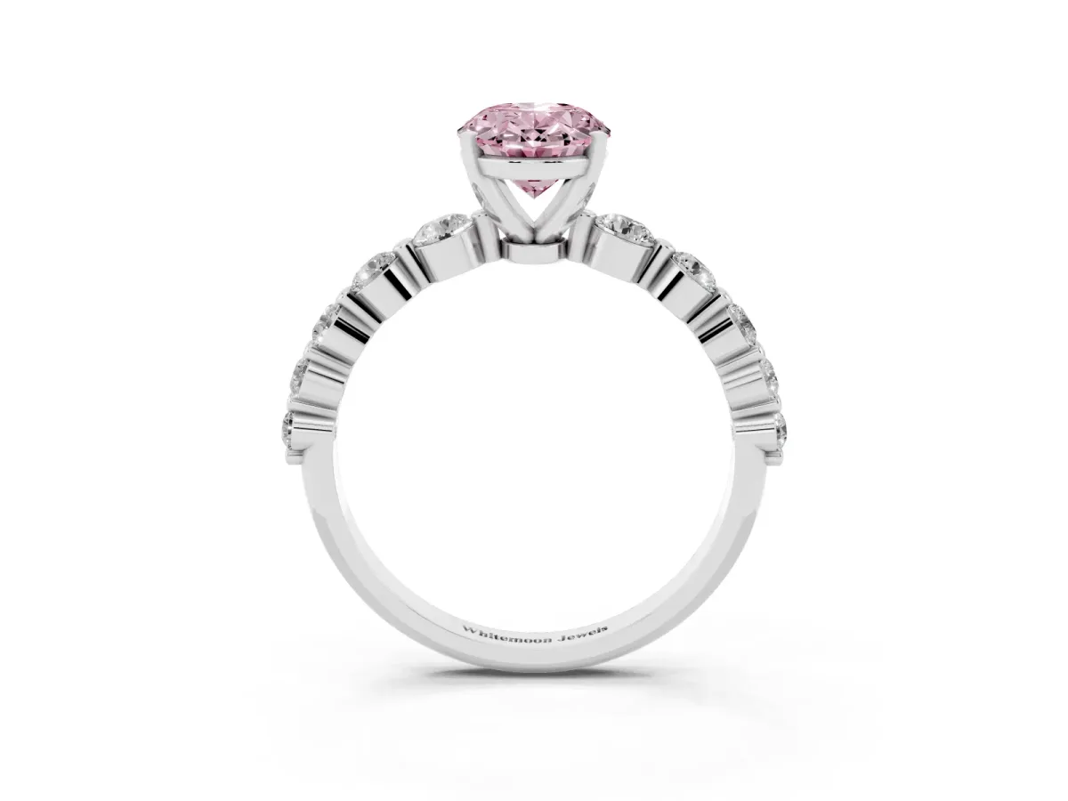 Fancy Pink Oval Cut Solitaire Diamond Ring with Pave Band and Four-Prong Setting Silver