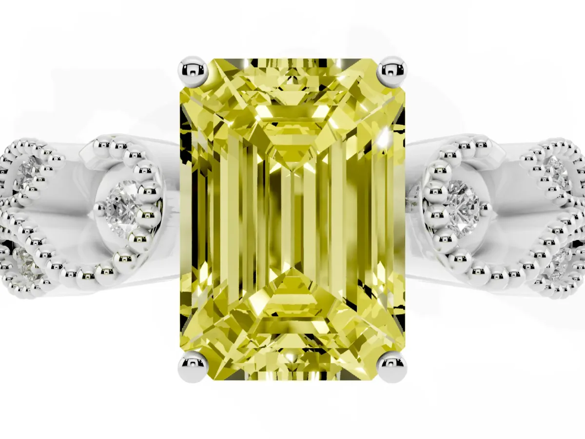 Fancy Yellow Emerald Cut Solitaire Milgrain Leaf Band with Prong Setting White gold