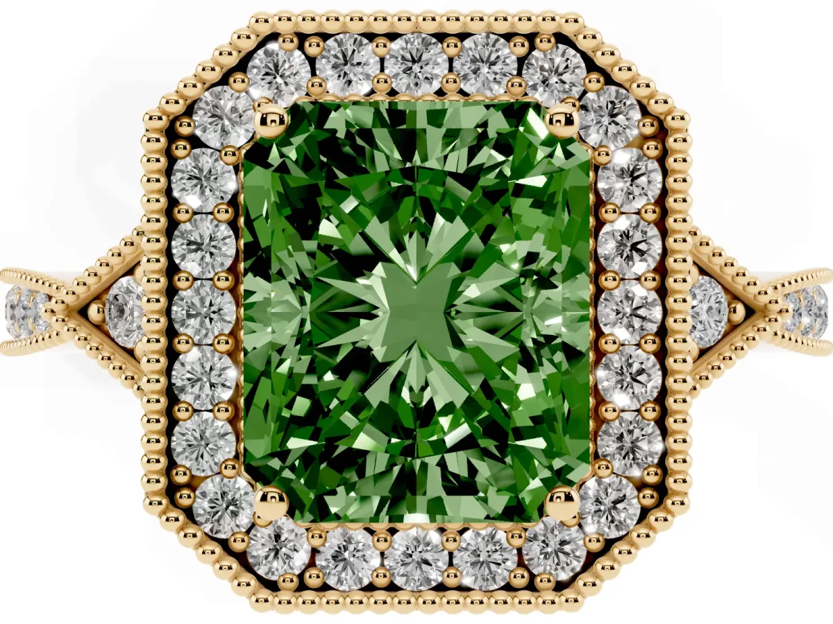 Fancy Green Radiant Cut Halo Round Diamond Milgrain Pave Engagement Ring Yellow gold