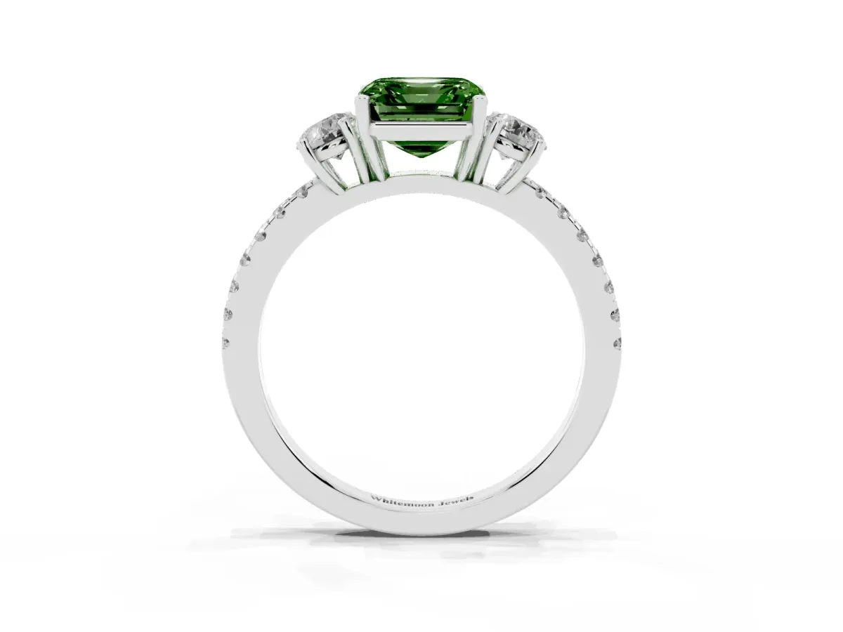 Fancy Green Three-Stone Asscher Cut Cut Diamond Pavé Band with Prong Setting Silver