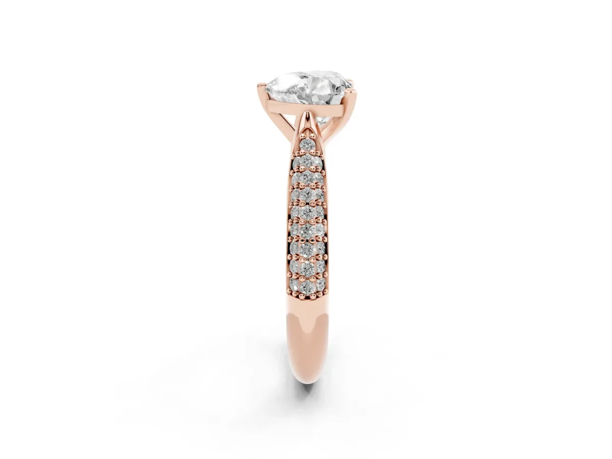 Heart Cut Diamond Solitaire Engagement Ring with Multi-Row Round Pavé Band and Prong Setting Rose gold