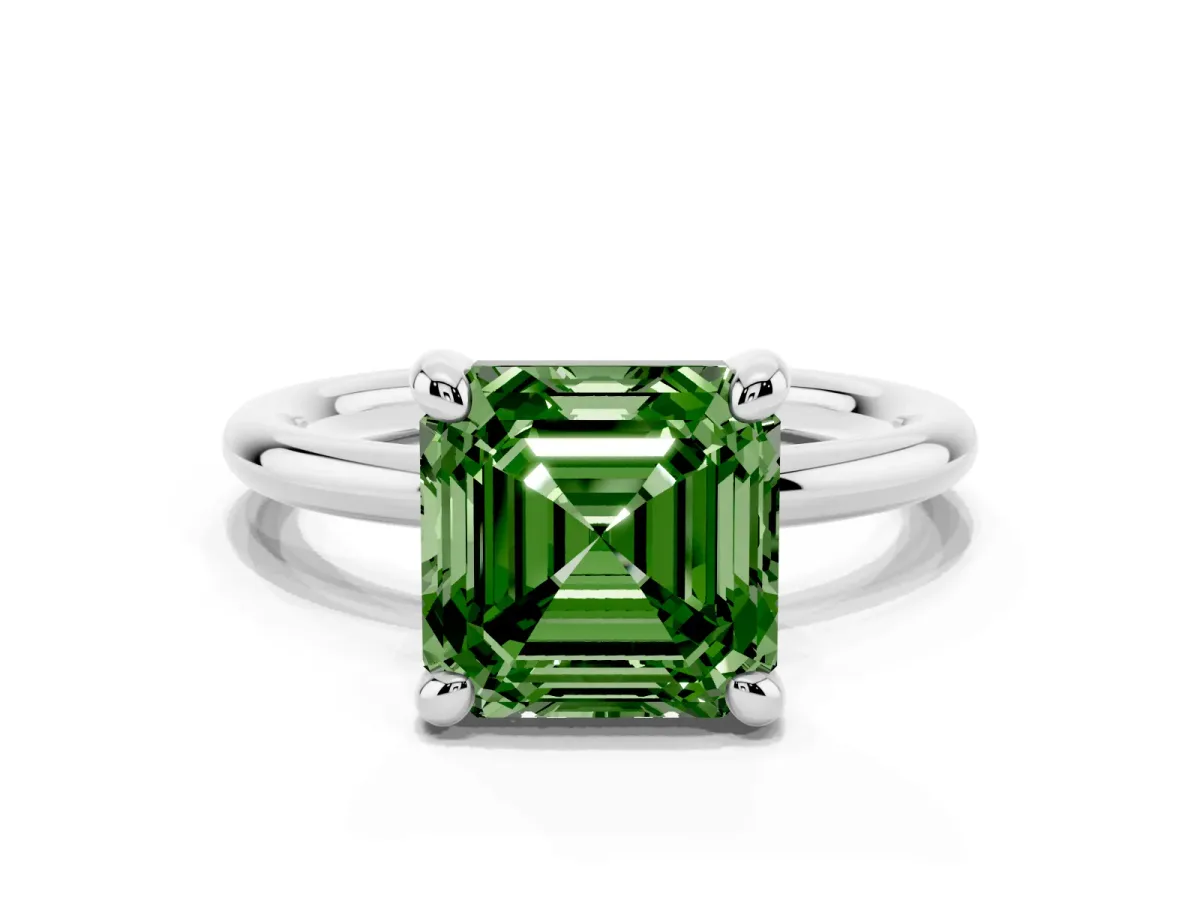 Fancy Green Asscher Cut Solitaire Diamond Ring with Four-Prong Setting on a Plain Band Platinum